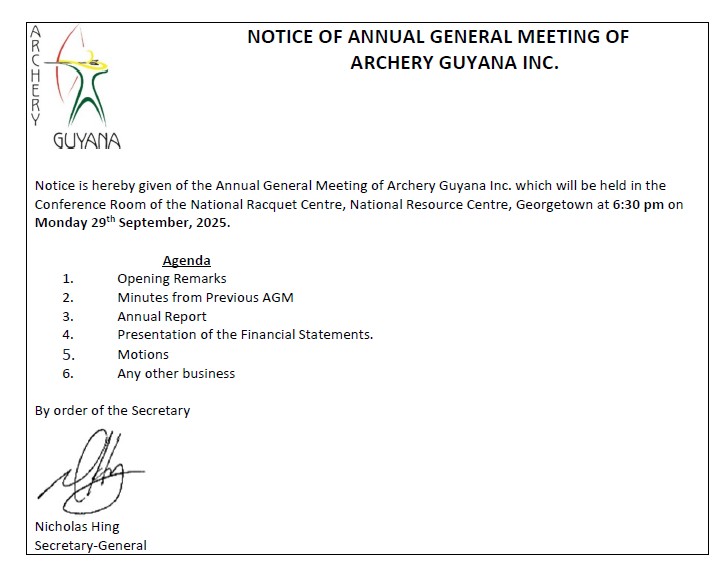 Annual General Meeting of Archery Guyana Inc.