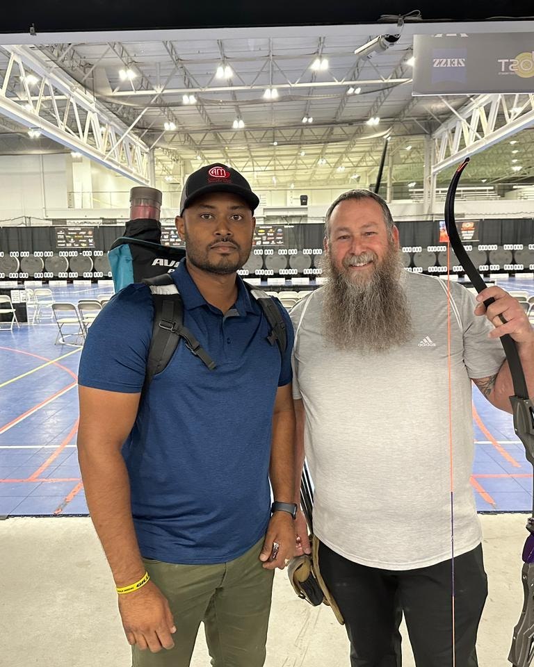 Guyanese Archer Jeewanram Persaud poses with fellow archer at 20th Lancaster Archery Classic hosted at the Spooky Nook Sports Complex in Manheim, Pennsylvania.